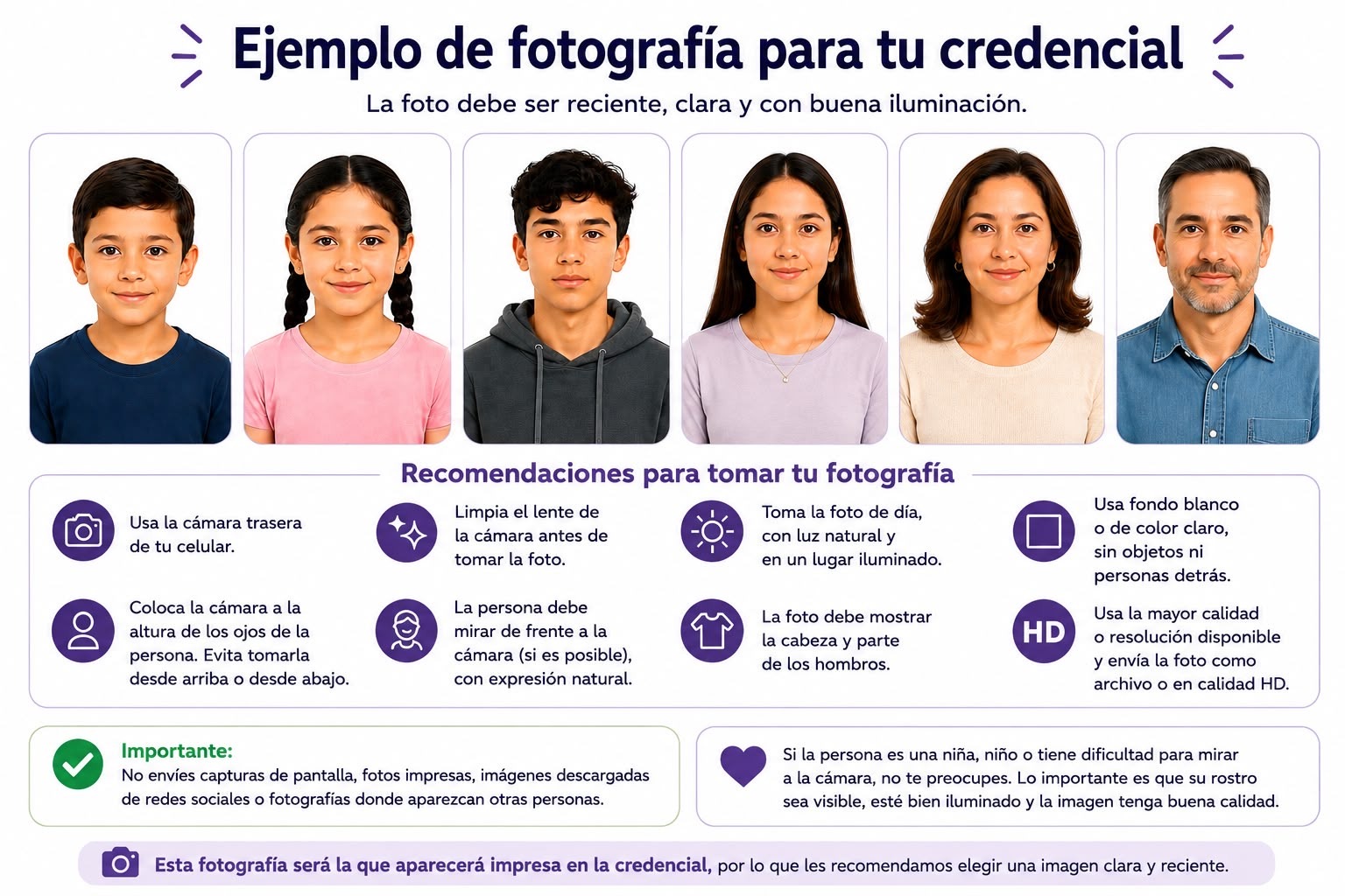 Ejemplo de cómo debe ser la fotografía para la credencial: reciente, de frente, bien iluminada y con fondo claro